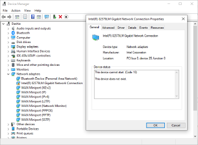 Windows 10 Device Manager showing Ethernet interface with message 'This device cannot start'