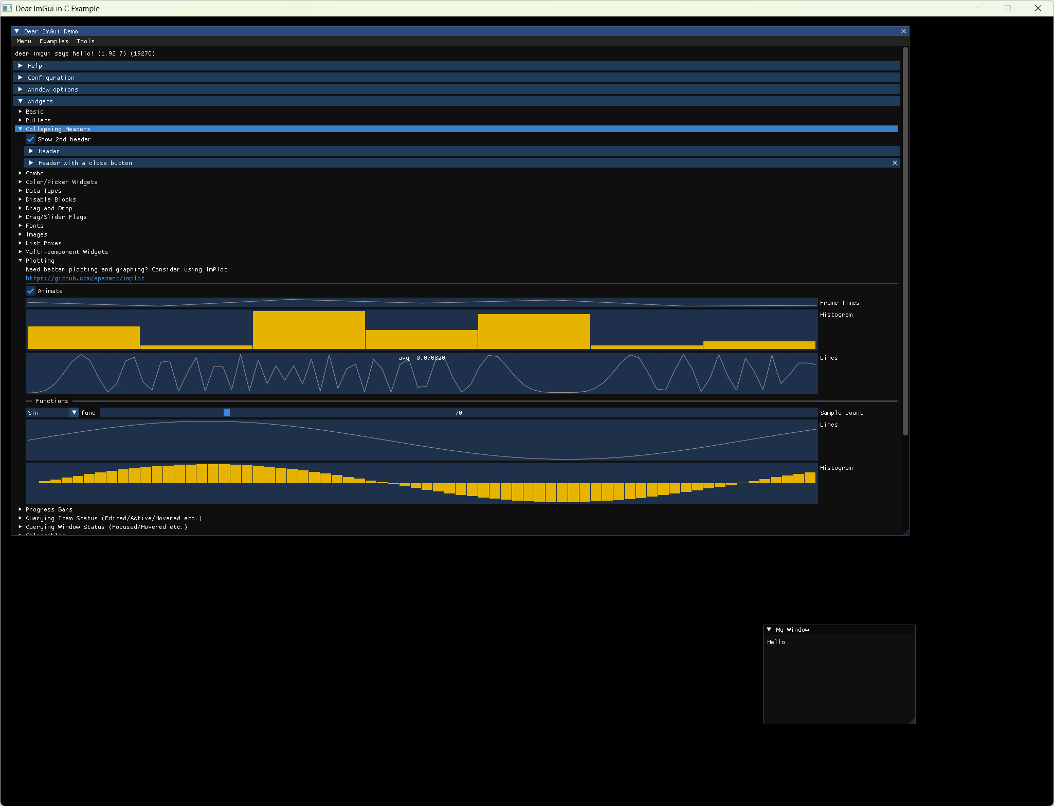 Example screenshot of Dear ImGui used in C via Dear Bindings