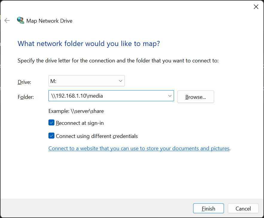 Screenshot of adding a Samba share in Windows 11
