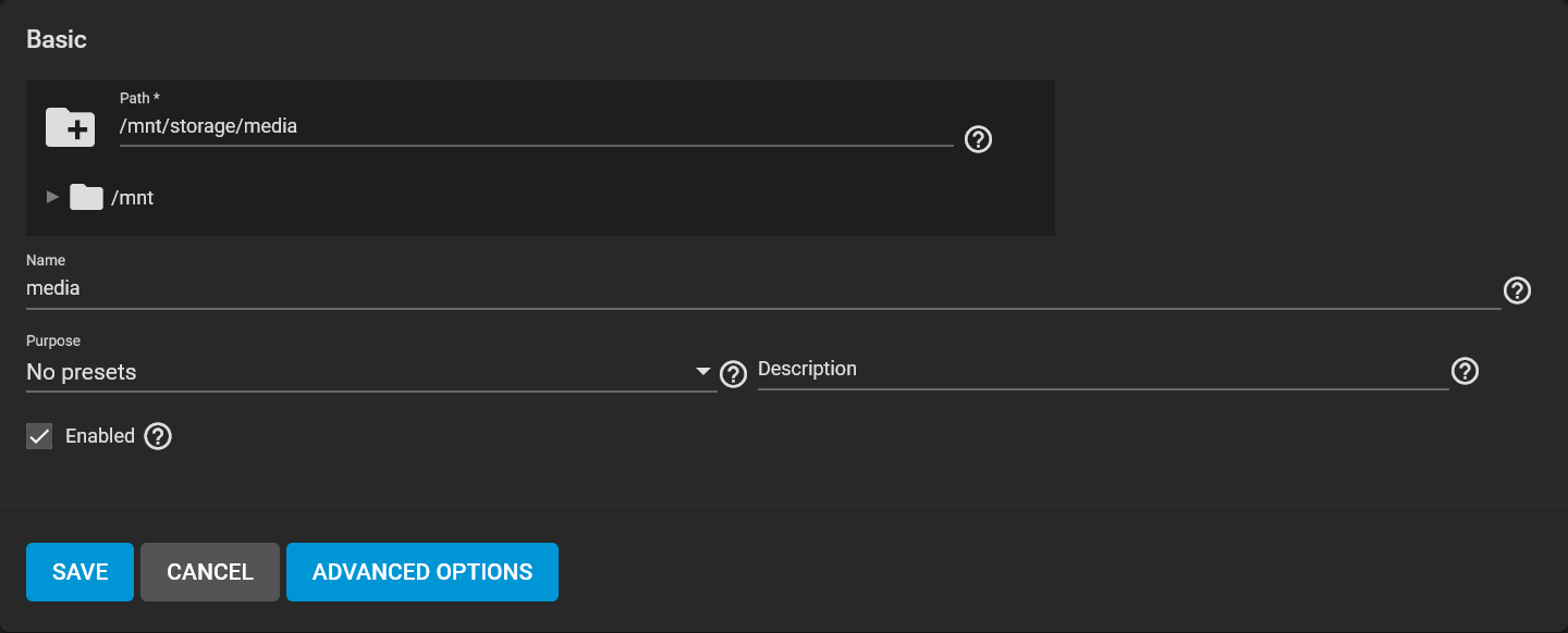 Screenshot of adding a share in TrueNAS.