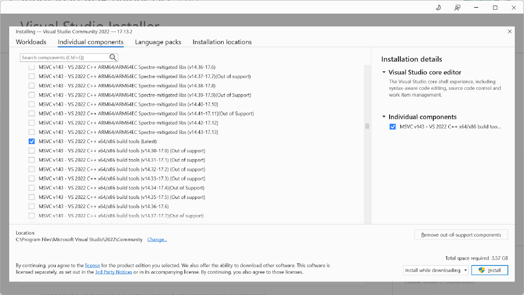 Screenshot of selecting the relevant MSVC build tools.