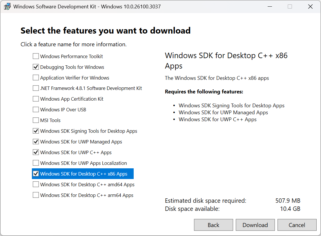 Screenshot of selecting the relevant Windows SDK debug tools.