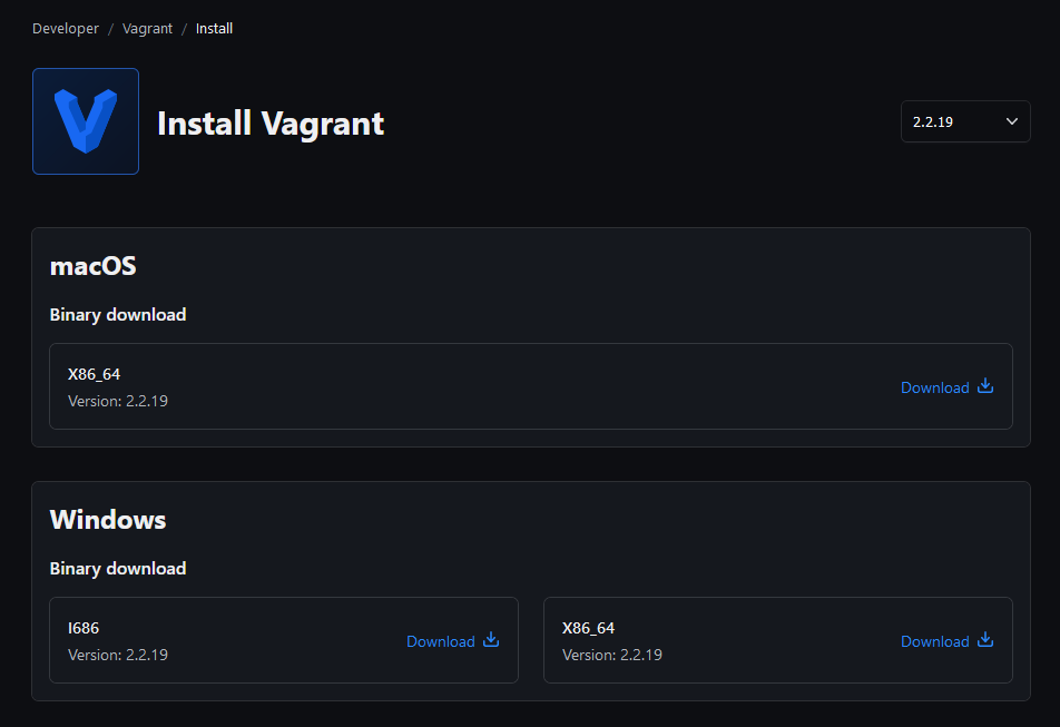 Download page for Vagrant v2.2.19